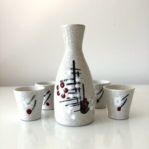 Vintage Sake Set Stoneware Bamboo Floral Design 6 Pieces Made in Japan